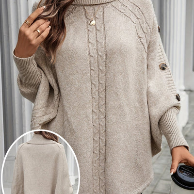 Pull élégant à col montant asymétrique pour femme - Manches chauve-souris décorées de boutons, texture de câble, rose clair, parfait pour les déplacements et les achats en automne/hiver, pull d'hiver