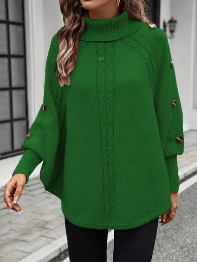 Pull élégant à col montant asymétrique pour femme - Manches chauve-souris décorées de boutons, texture de câble, rose clair, parfait pour les déplacements et les achats en automne/hiver, pull d'hiver