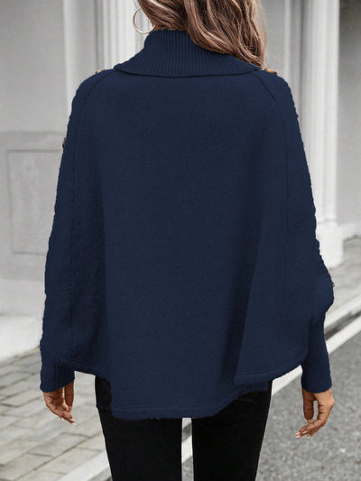 Pull élégant à col montant asymétrique pour femme - Manches chauve-souris décorées de boutons, texture de câble, rose clair, parfait pour les déplacements et les achats en automne/hiver, pull d'hiver