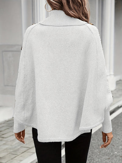 Pull élégant à col montant asymétrique pour femme - Manches chauve-souris décorées de boutons, texture de câble, rose clair, parfait pour les déplacements et les achats en automne/hiver, pull d'hiver
