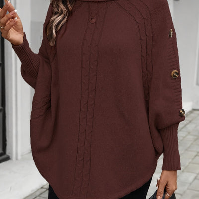 Pull élégant à col montant asymétrique pour femme - Manches chauve-souris décorées de boutons, texture de câble, rose clair, parfait pour les déplacements et les achats en automne/hiver, pull d'hiver