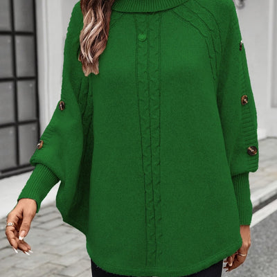 Pull élégant à col montant asymétrique pour femme - Manches chauve-souris décorées de boutons, texture de câble, rose clair, parfait pour les déplacements et les achats en automne/hiver, pull d'hiver