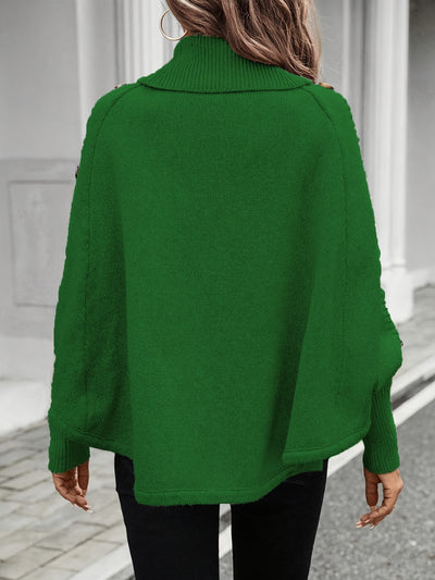 Pull élégant à col montant asymétrique pour femme - Manches chauve-souris décorées de boutons, texture de câble, rose clair, parfait pour les déplacements et les achats en automne/hiver, pull d'hiver