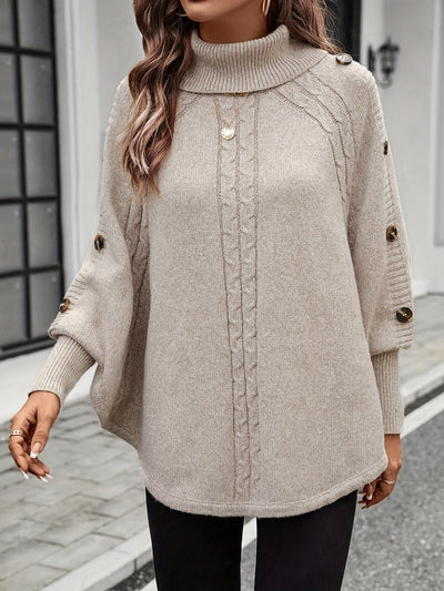 Pull élégant à col montant asymétrique pour femme - Manches chauve-souris décorées de boutons, texture de câble, rose clair, parfait pour les déplacements et les achats en automne/hiver, pull d'hiver