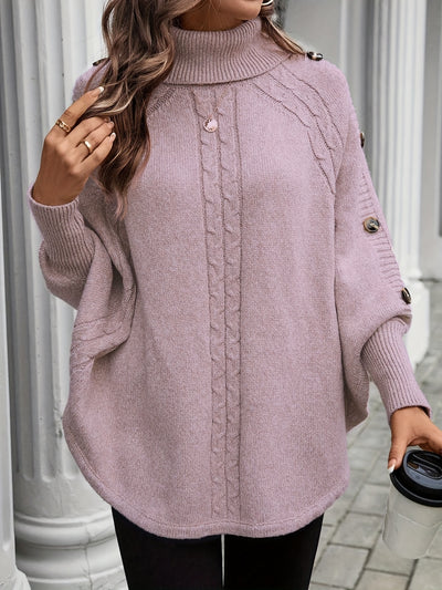 Pull élégant à col montant asymétrique pour femme - Manches chauve-souris décorées de boutons, texture de câble, rose clair, parfait pour les déplacements et les achats en automne/hiver, pull d'hiver