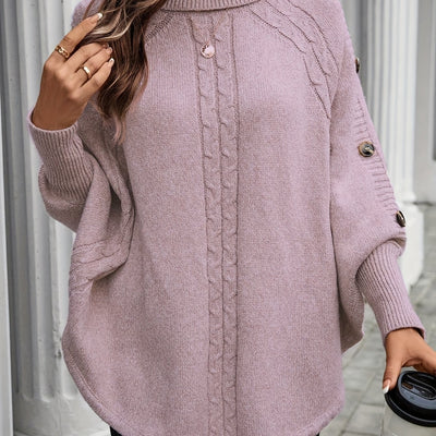 Pull élégant à col montant asymétrique pour femme - Manches chauve-souris décorées de boutons, texture de câble, rose clair, parfait pour les déplacements et les achats en automne/hiver, pull d'hiver