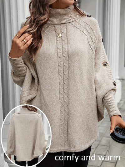 Pull élégant à col montant asymétrique pour femme - Manches chauve-souris décorées de boutons, texture de câble, rose clair, parfait pour les déplacements et les achats en automne/hiver, pull d'hiver