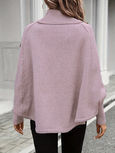 Pull élégant à col montant asymétrique pour femme - Manches chauve-souris décorées de boutons, texture de câble, rose clair, parfait pour les déplacements et les achats en automne/hiver, pull d'hiver
