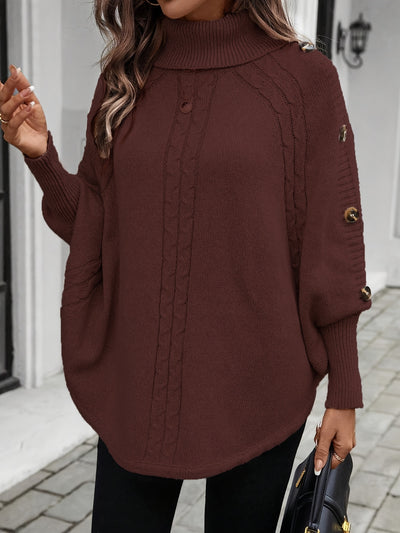 Pull élégant à col montant asymétrique pour femme - Manches chauve-souris décorées de boutons, texture de câble, rose clair, parfait pour les déplacements et les achats en automne/hiver, pull d'hiver